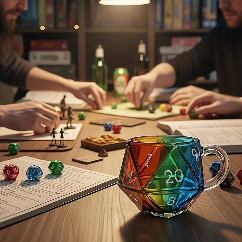 Rainbow D20 glass mug on a tabletop game night