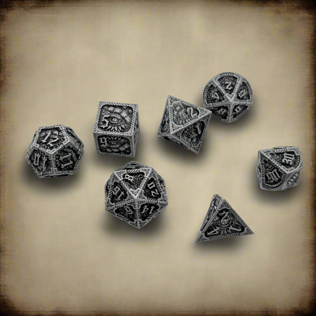 Elder Scroll (Silver) - 7 Piece DnD Dice Set | Metal RPG Gaming Dice