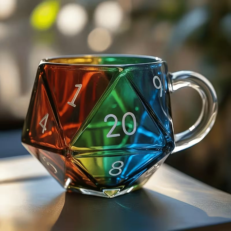 Rainbow D20 glass mug close-up