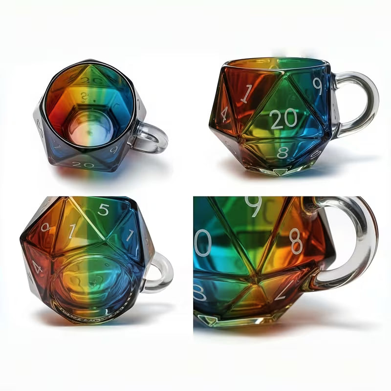 Rainbow D20 glass mug shown from four angles