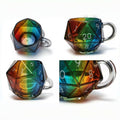Rainbow D20 glass mug shown from four angles